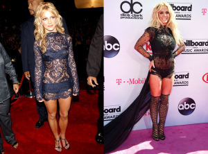 Britney Spears at the 2001 VMAs (left) and the 2016 Billboard Music Awards (right). Photos courtesy of Getty Images